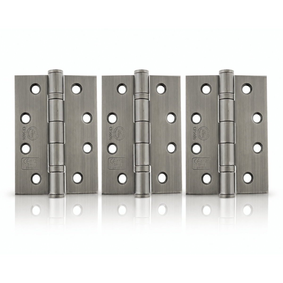 Product set of 3 matt gun metal 4" but hinges on a white background