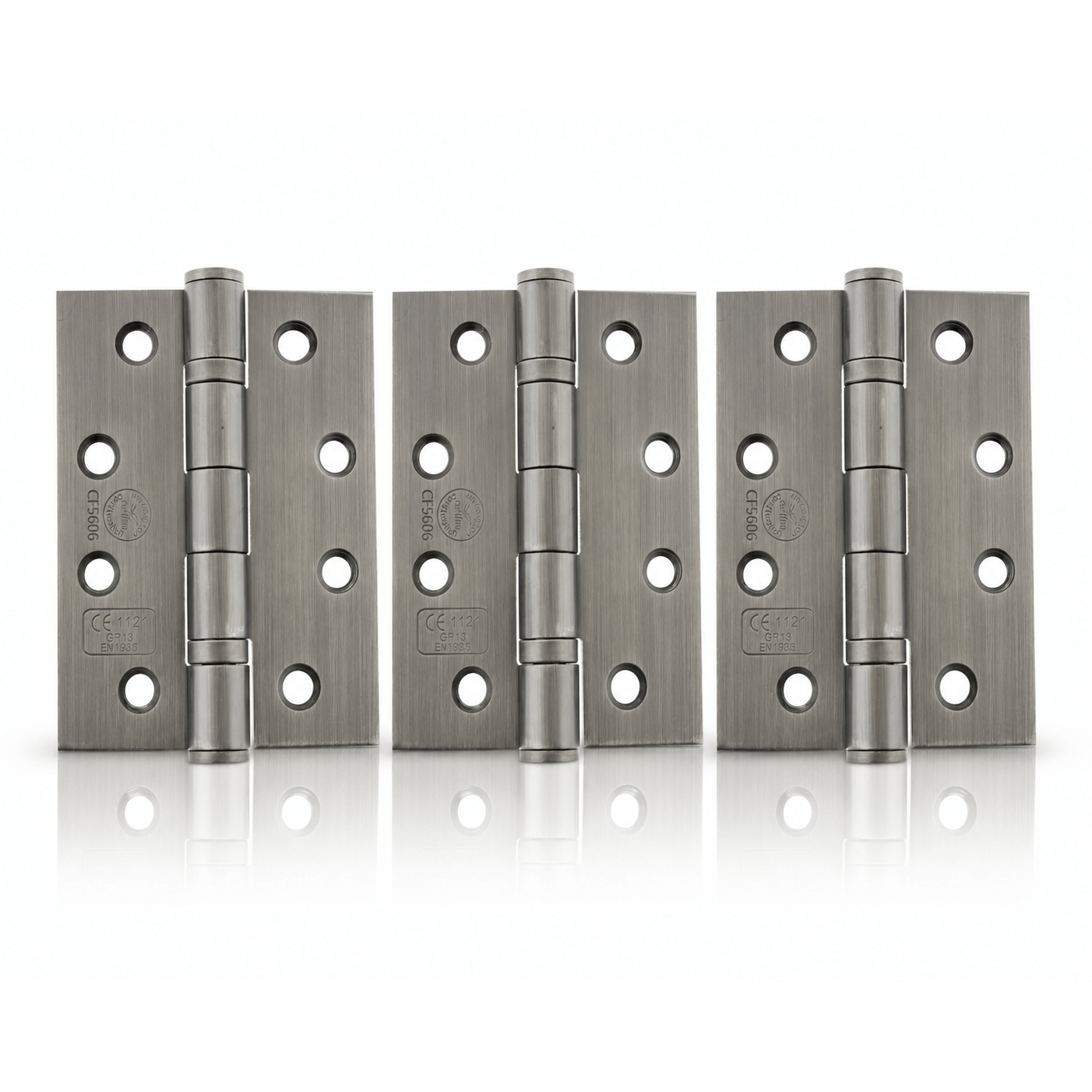 Product set of 3 matt gun metal 4" but hinges on a white background