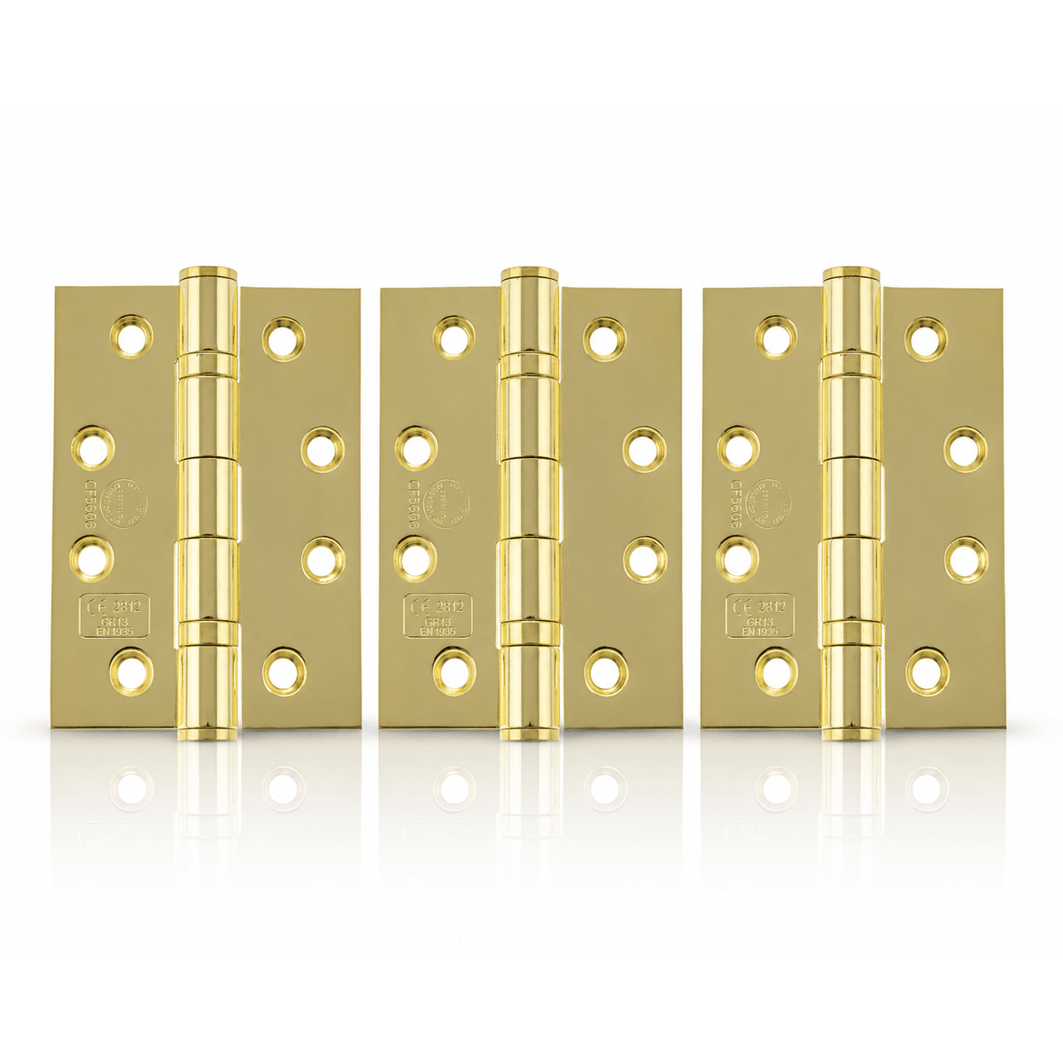 Product set of 3 polished brass 4" but hinges on a white background