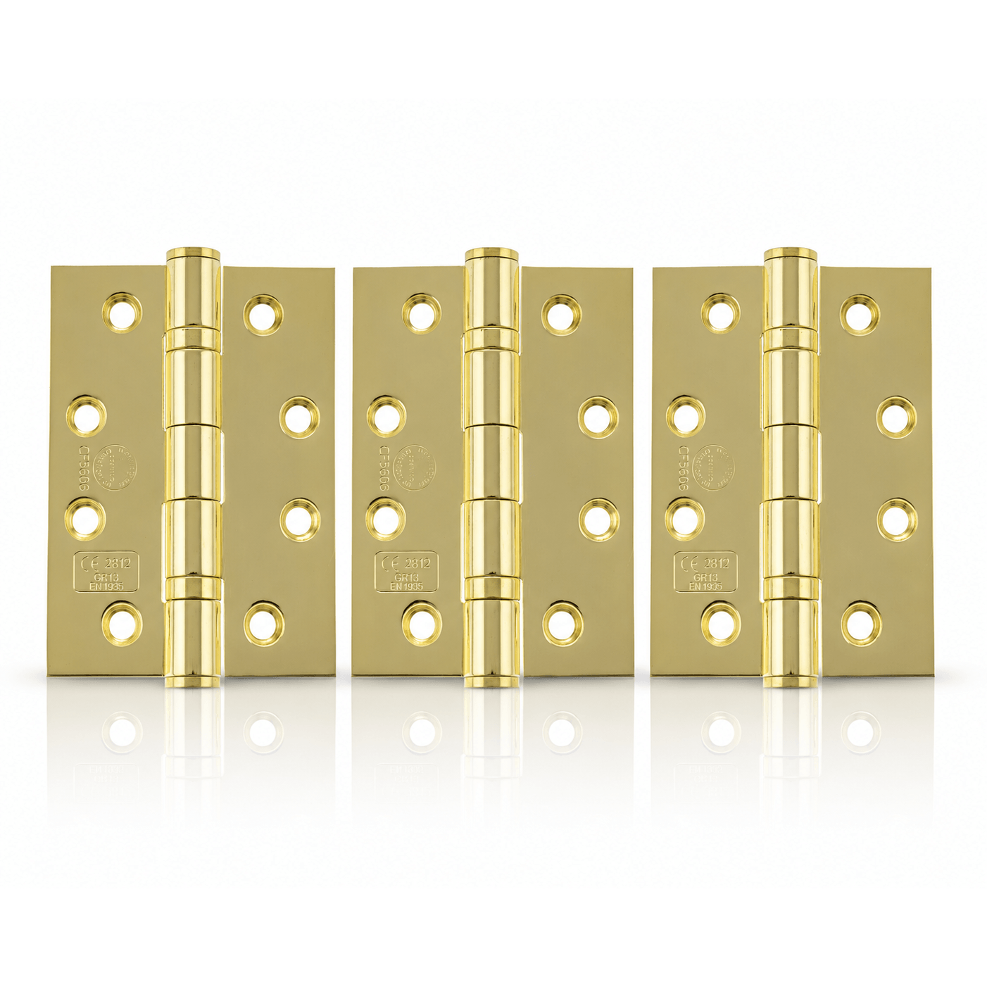 Product set of 3 polished brass 4" but hinges on a white background