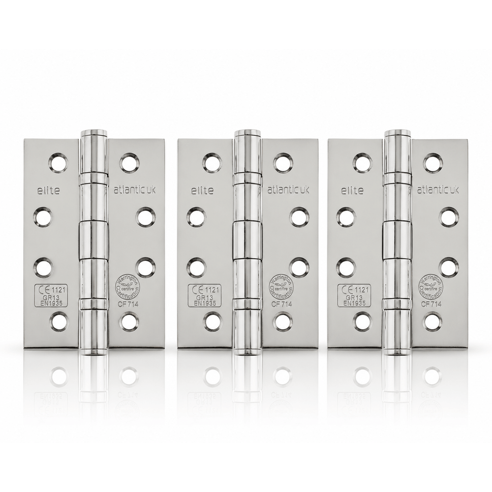 Product set of 3 polished stainless steel 4" but hinges on a white background
