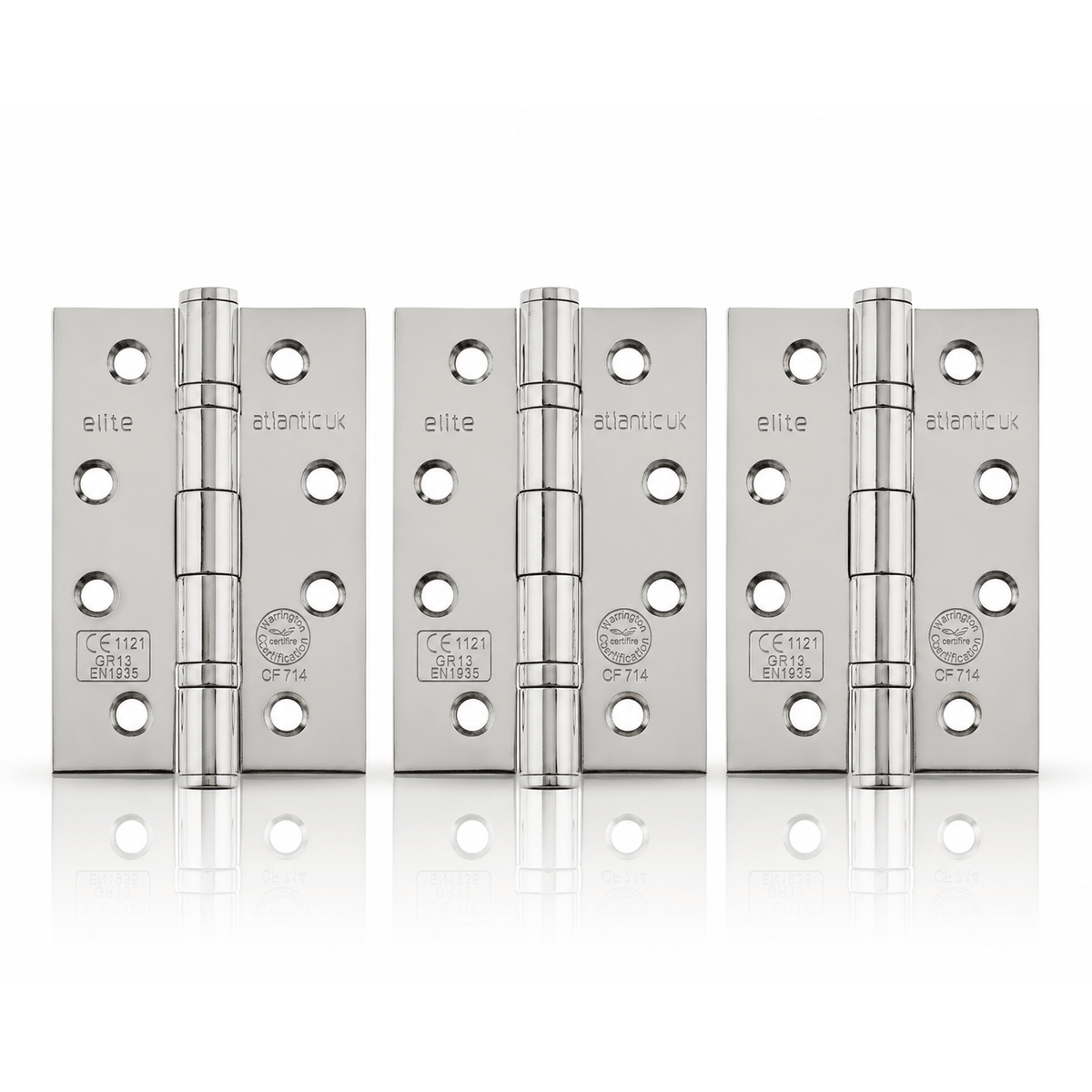 Product set of 3 polished stainless steel 4" but hinges on a white background