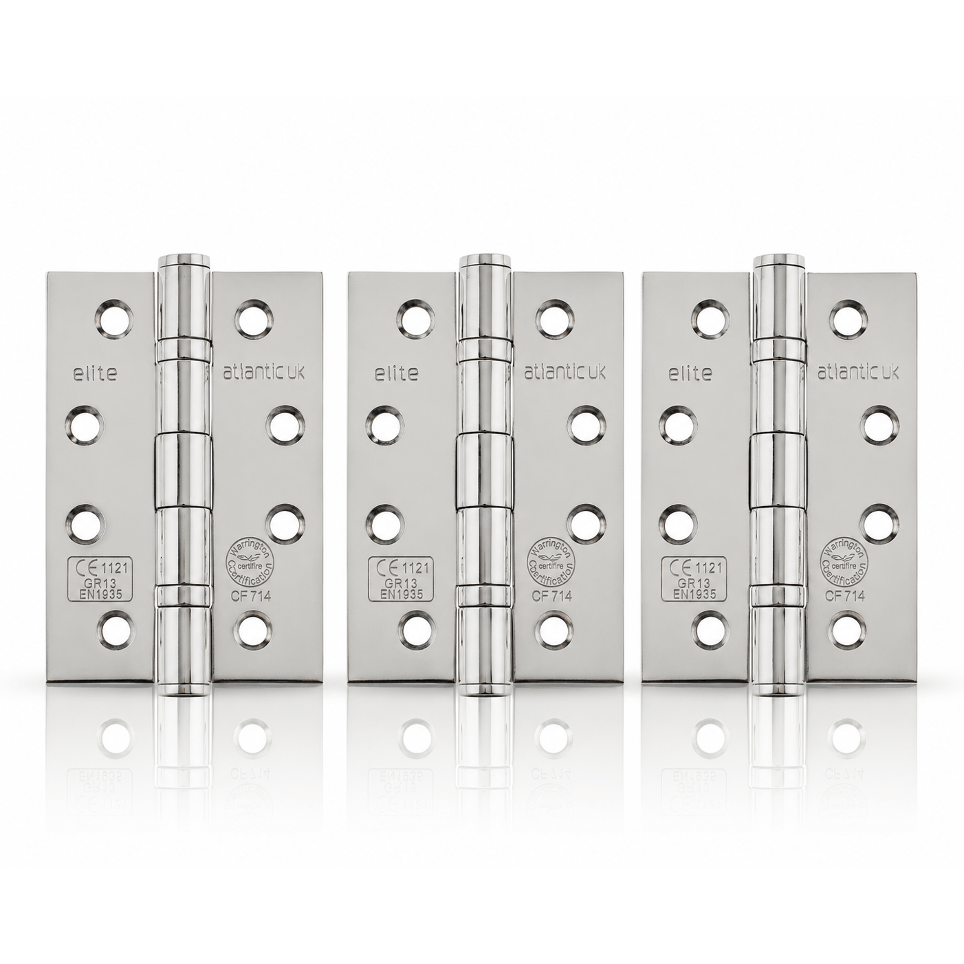Product set of 3 polished stainless steel 4" but hinges on a white background