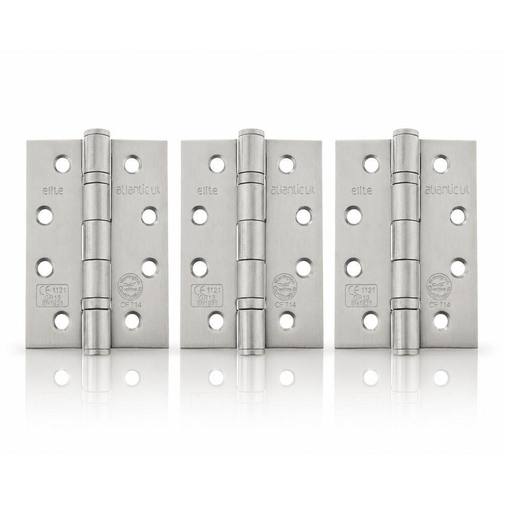 Product set of 3 stainless steel 4" but hinges on a white background