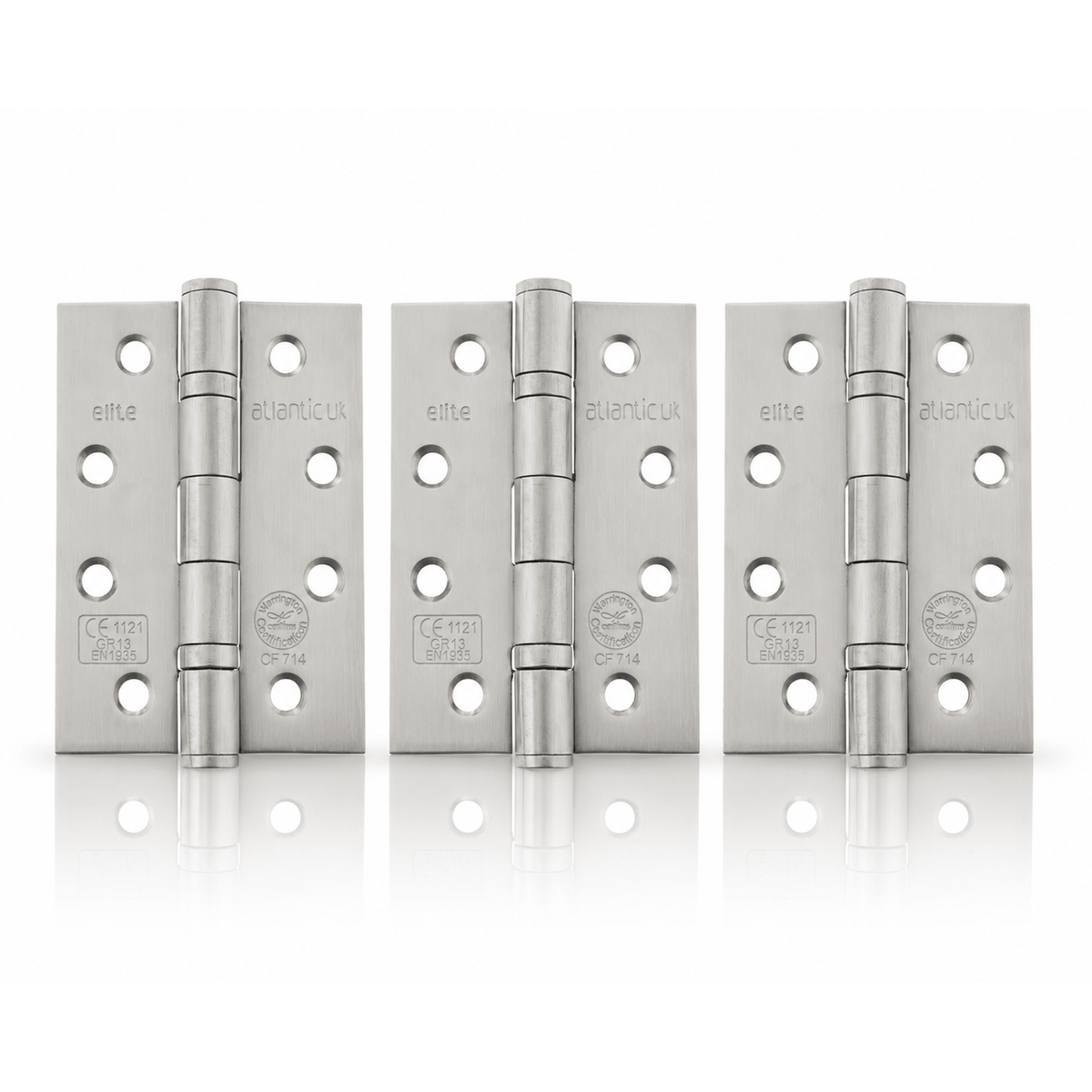 Product set of 3 stainless steel 4" but hinges on a white background