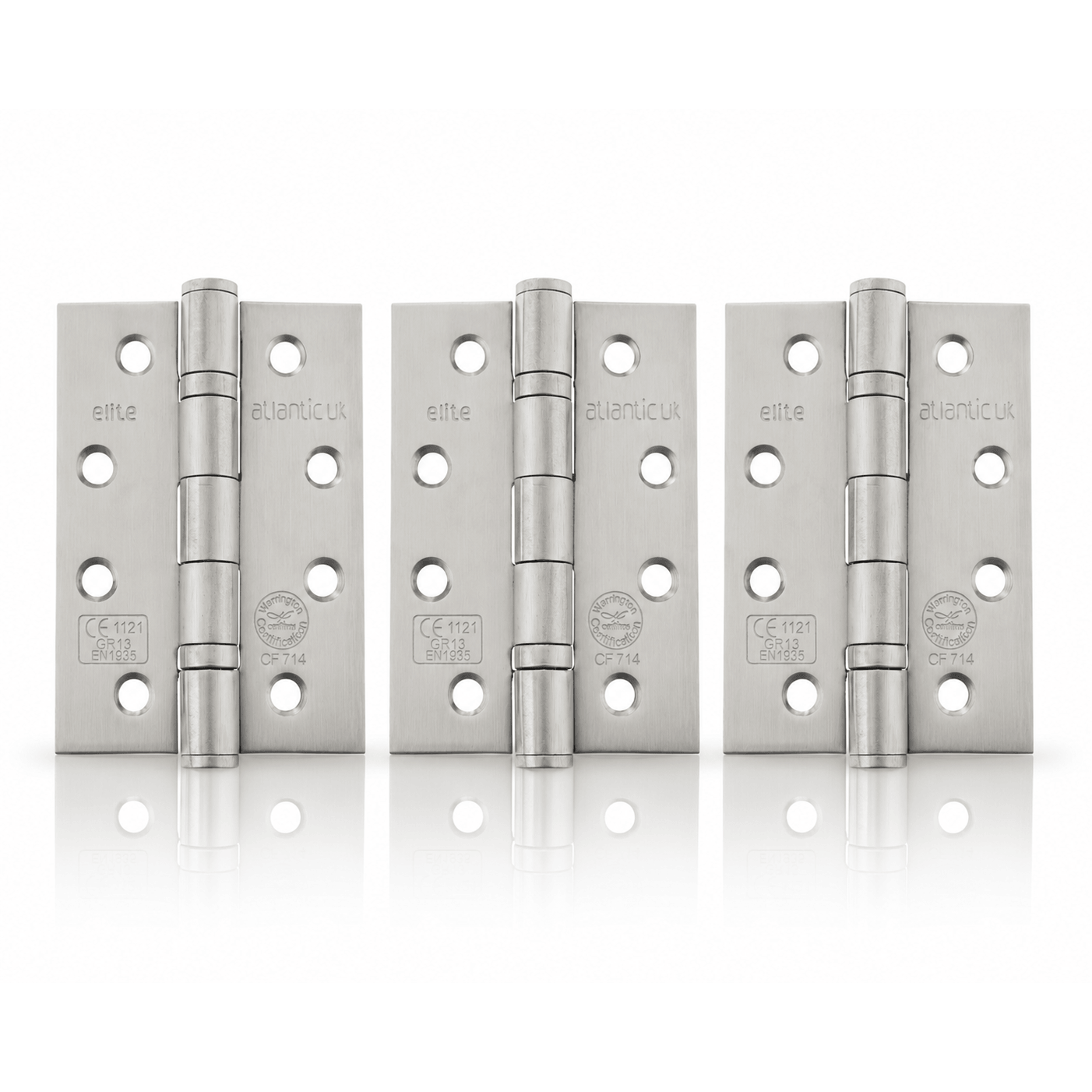 Product set of 3 stainless steel 4" but hinges on a white background