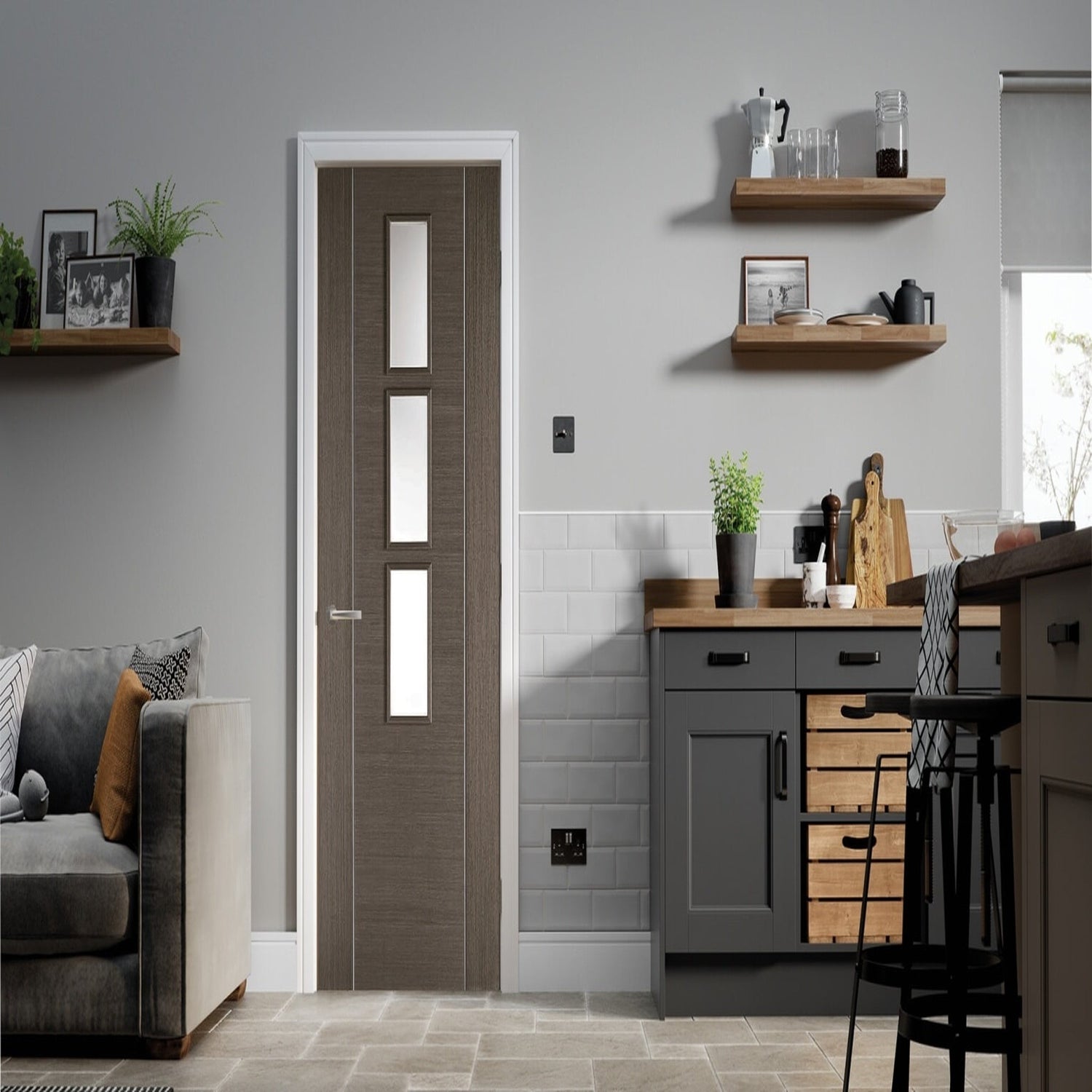 Alcaraz Prefinished Chocolate Grey 3L Internal Glazed Door - Lifestyle Image 1