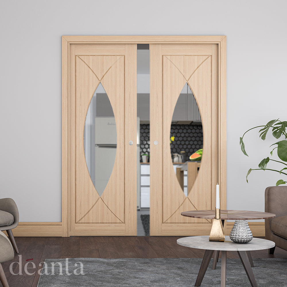 Lifestyle oak Amalfi clear glazed double door in a bright interior with neutral decor
