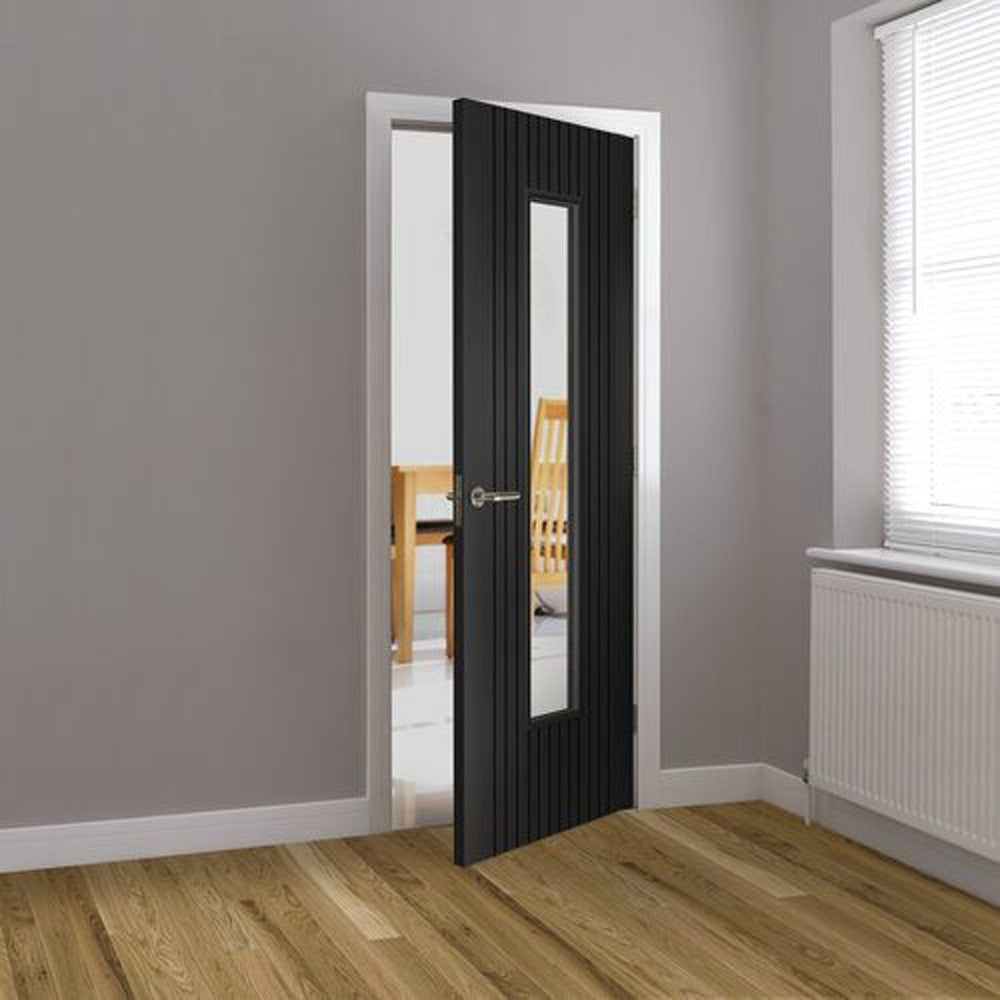 Lifestyle Aria black clear glazed laminated internal door in a grey room