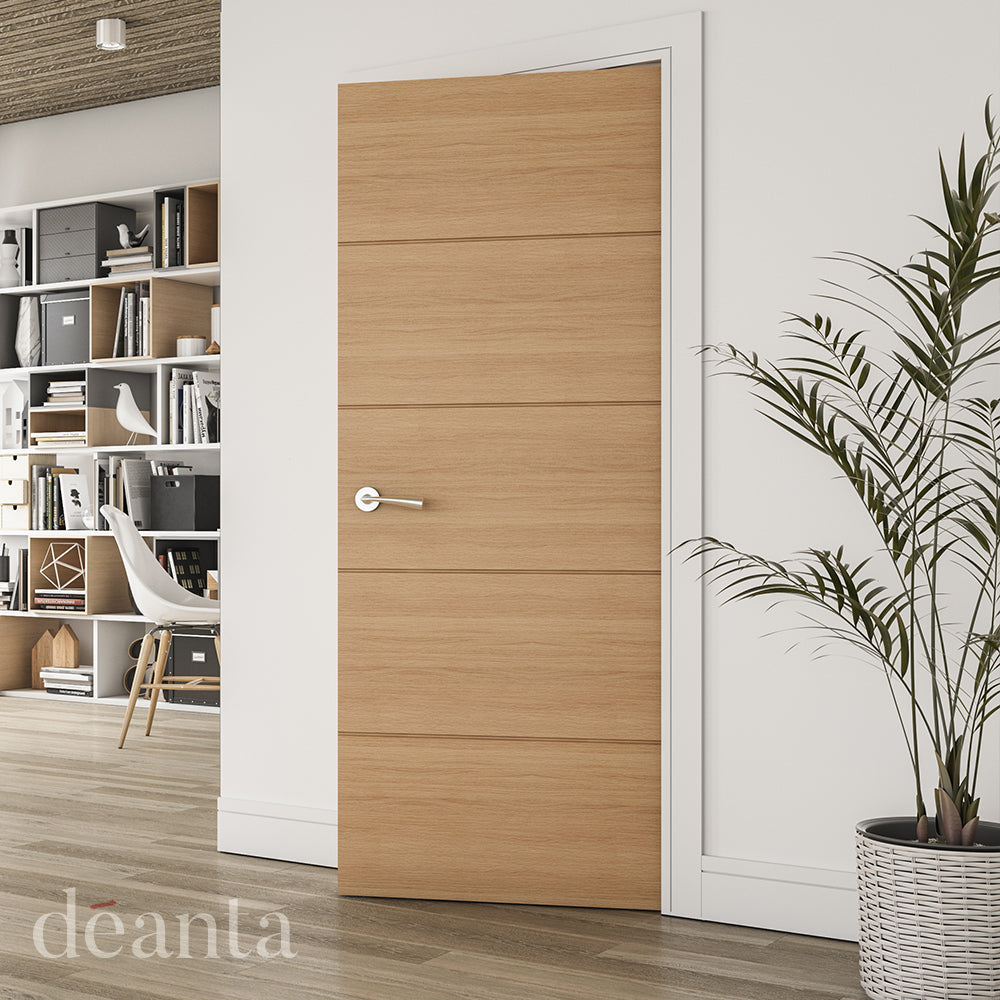 Lifestyle oak Augusta solid internal door in a bright interior with natural wood tones