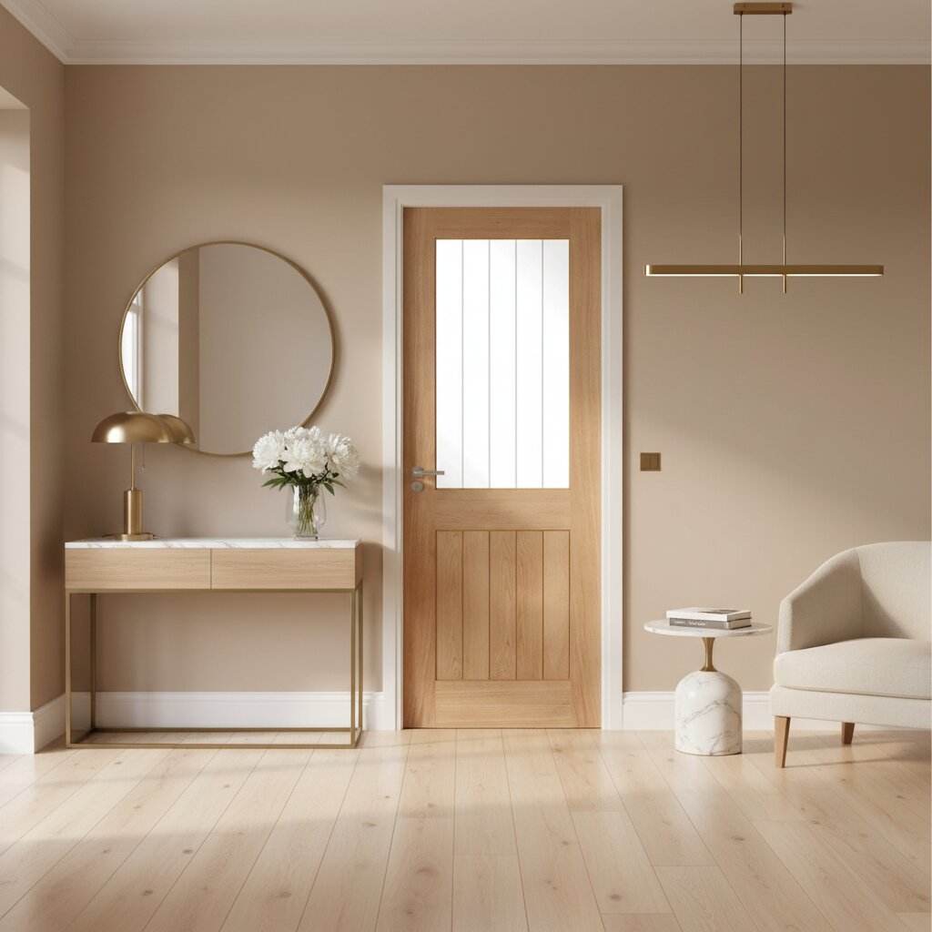 Product unfinished oak internal door with one clear glazed upper section front view