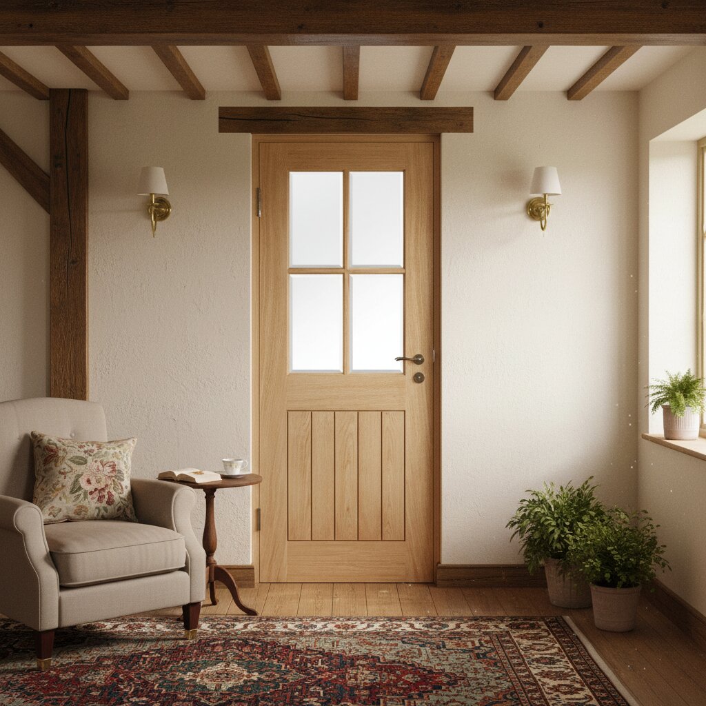 Product unfinished oak internal door with four clear glazed lights front view