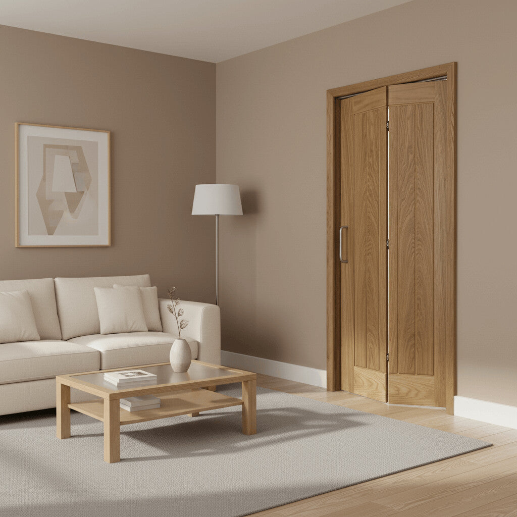 Lifestyle Mexicano oak bifold internal door in a neutral living room