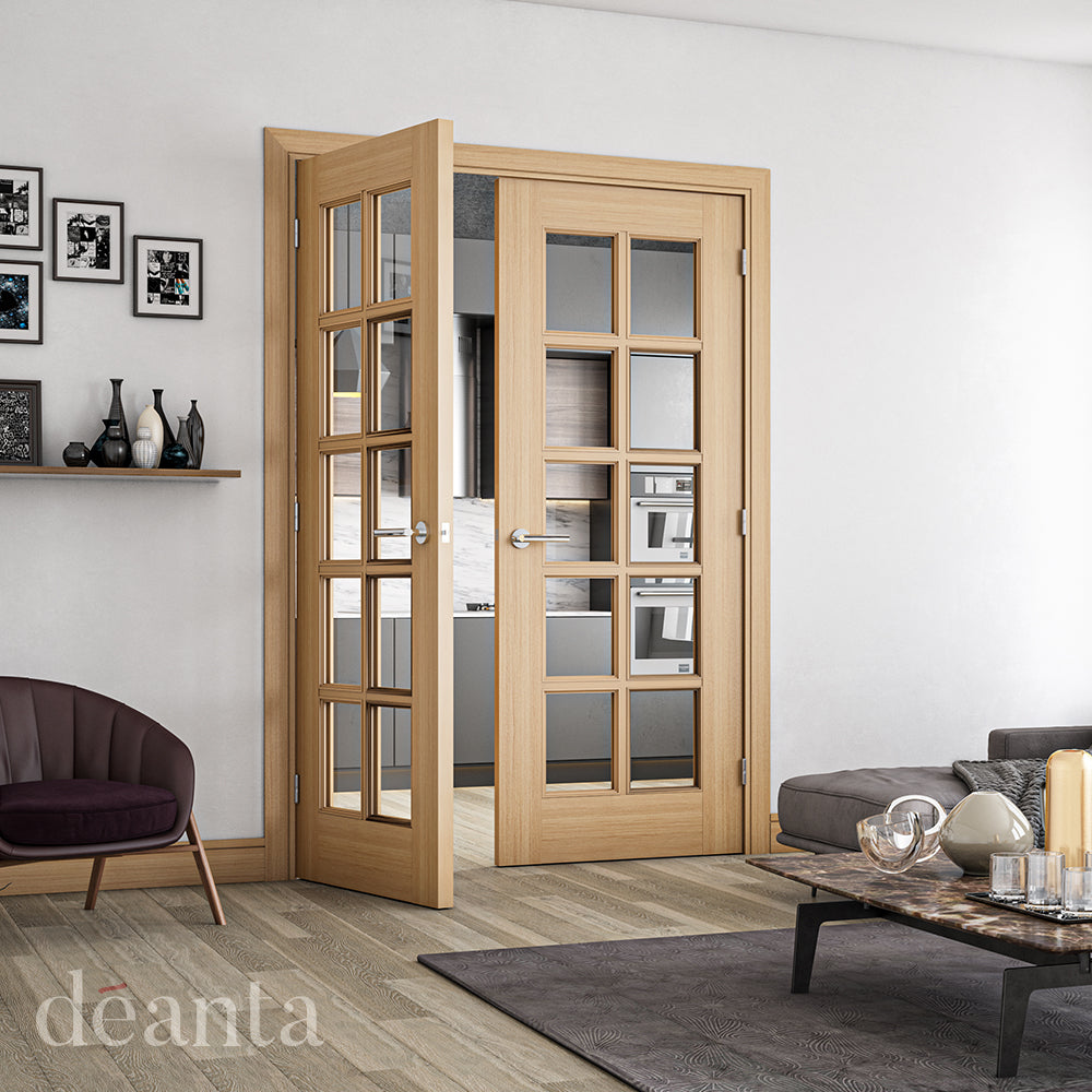 Lifestyle oak Bristol clear glazed double door in a bright room with natural wood tones
