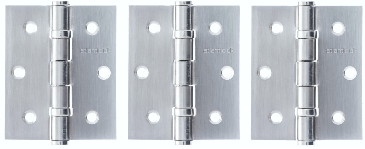 Product pack of three polished chrome butt hinges with six screw holes