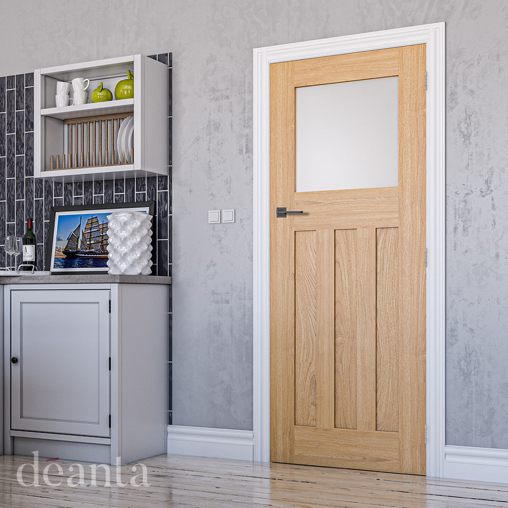 Lifestyle white primed Cambridge frosted glazed internal door in a bright hallway