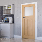 Lifestyle white primed Cambridge frosted glazed internal door in a bright hallway