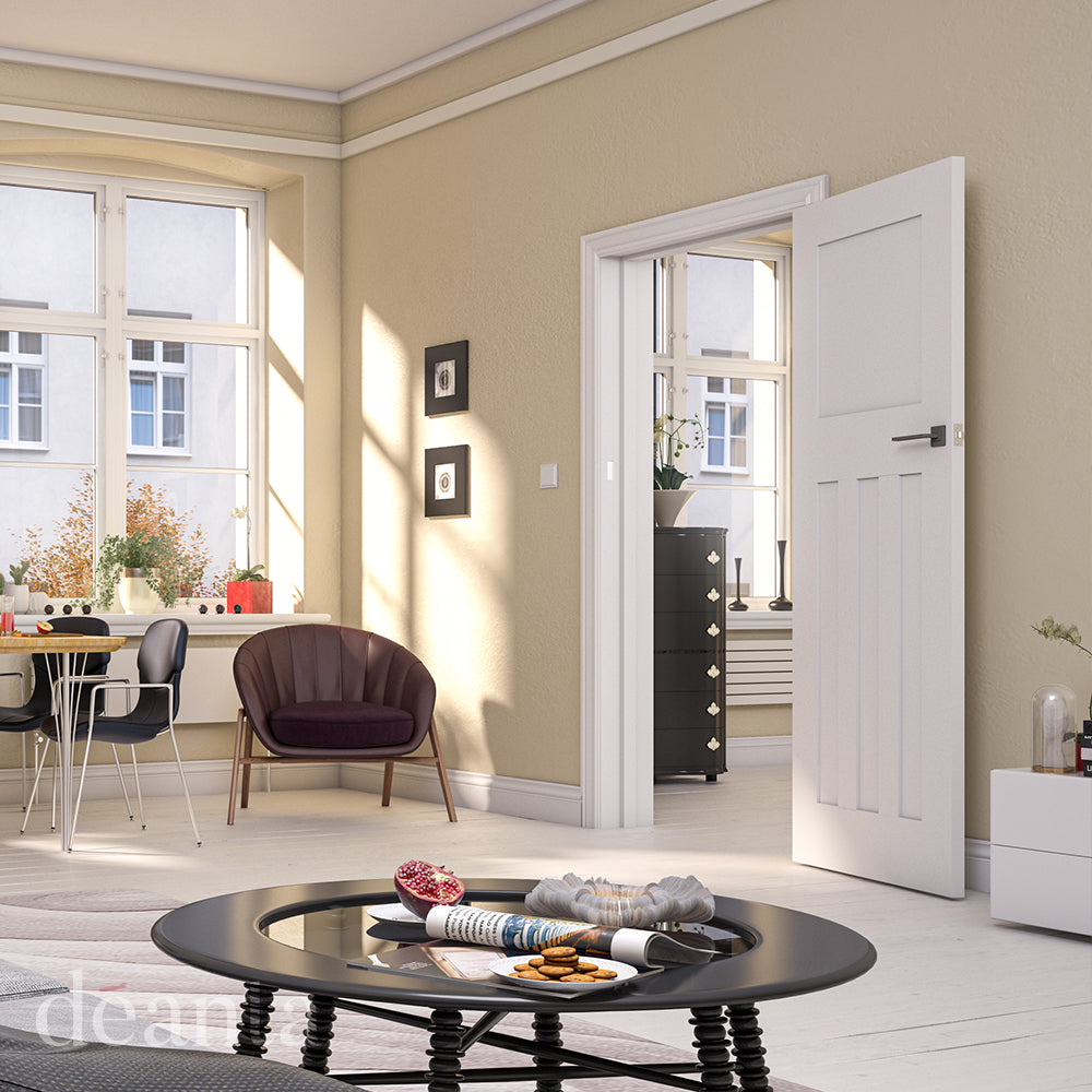 Lifestyle white primed Cambridge solid internal door in a bright room with pale walls