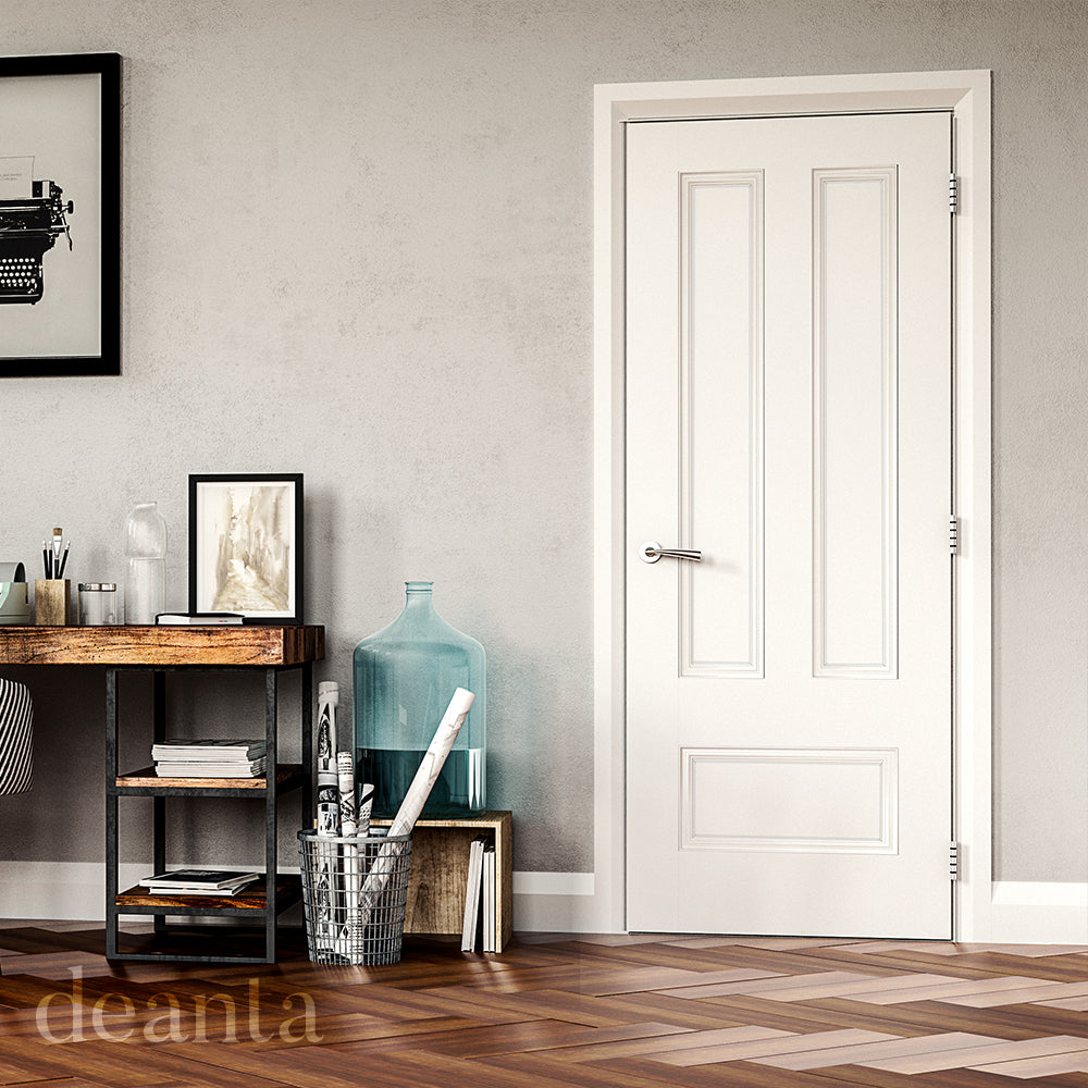 Lifestyle white primed Canterbury solid internal door in a light interior with traditional detailing