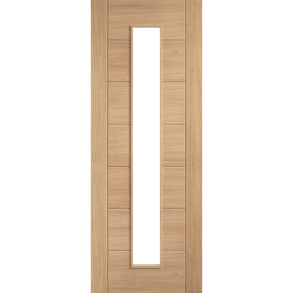 Product prefinished oak Carini long-light glazed internal door with four slim clear glass panels