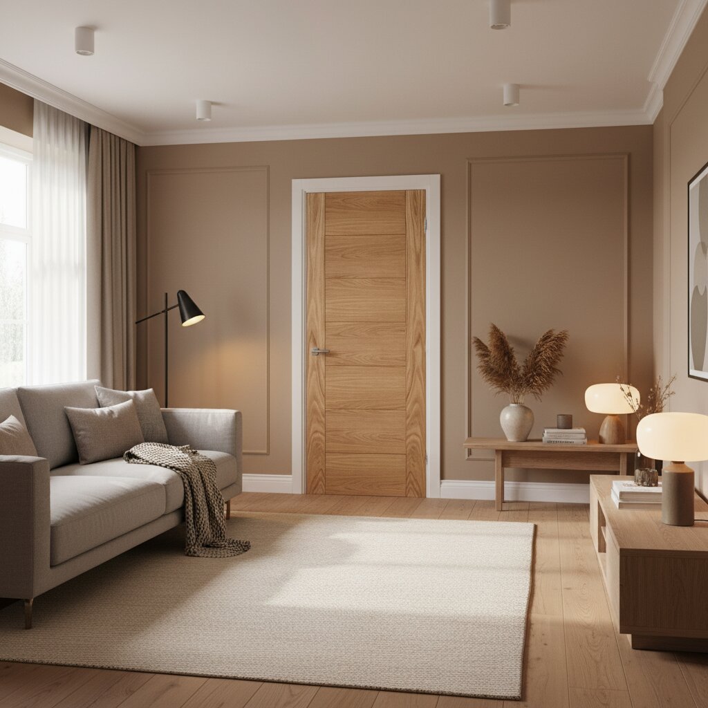 Product unfinished oak Carini FD30 internal fire door with slim vertical panels
