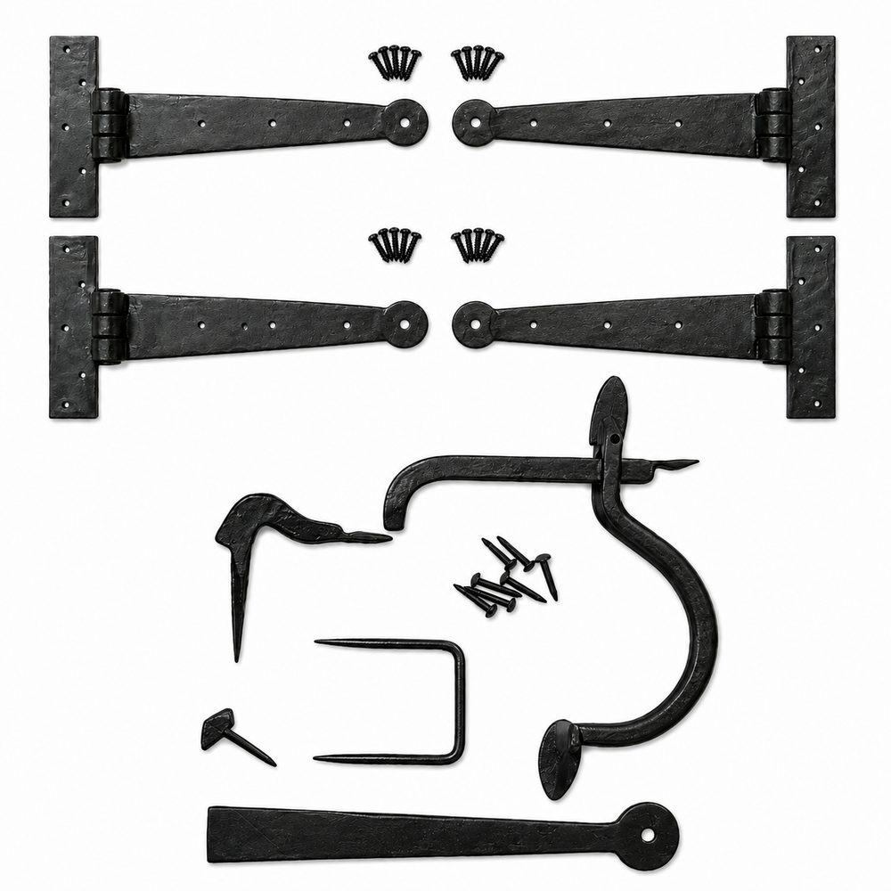 Product Set of black metal hinges and hardware components on a white background