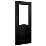 Black door with a rectangular window on a white background