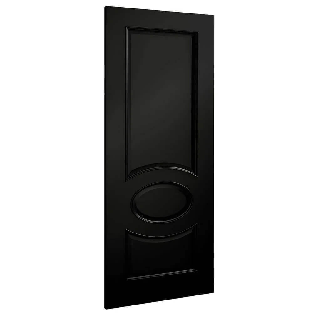 Product Clarendon black prefinished internal door with oval centre panel, angled view