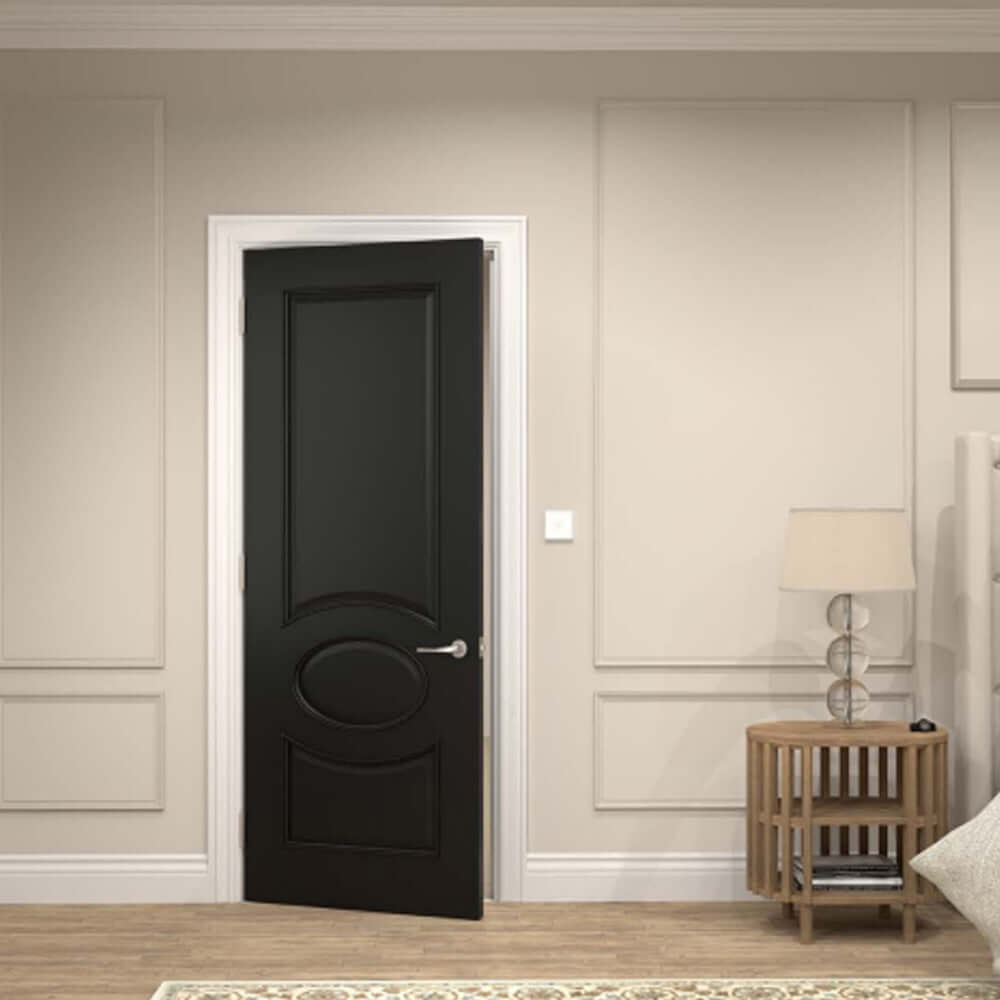 Lifestyle Clarendon black prefinished internal door in a neutral bedroom