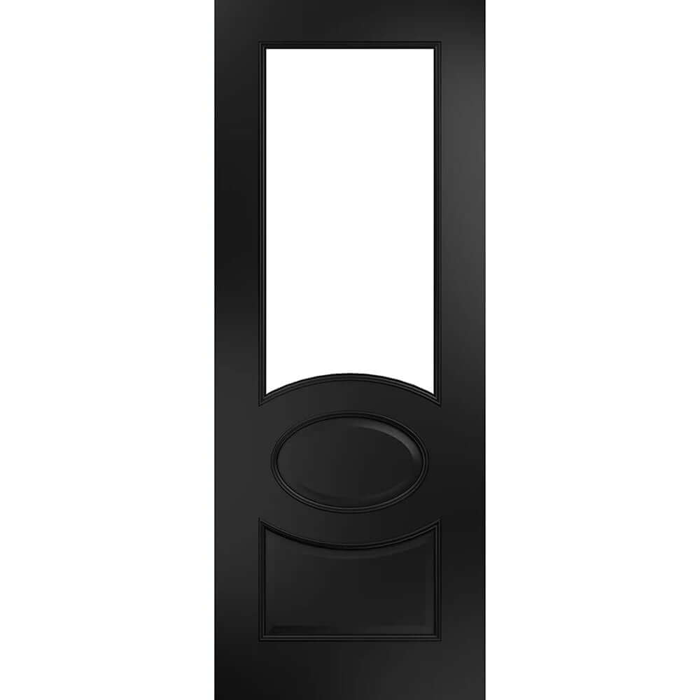 Product Clarendon black prefinished glazed internal door with oval centre panel, front view
