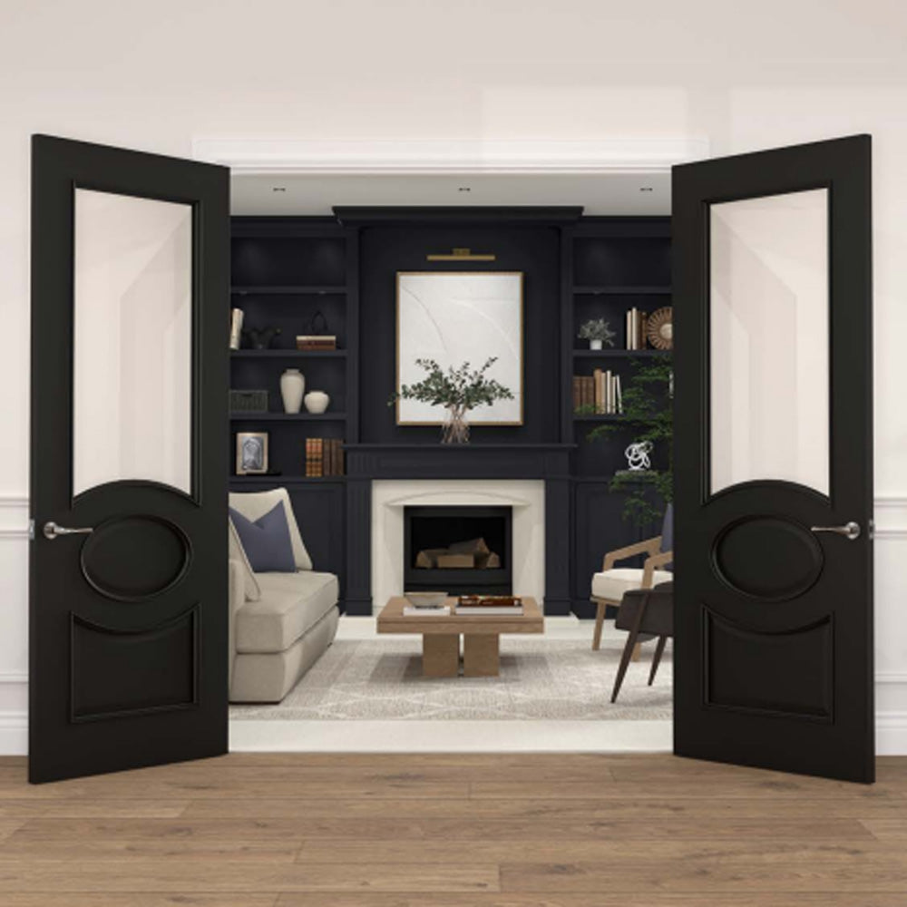 Modern interior with black doors open, revealing a living room with a fireplace and furniture.