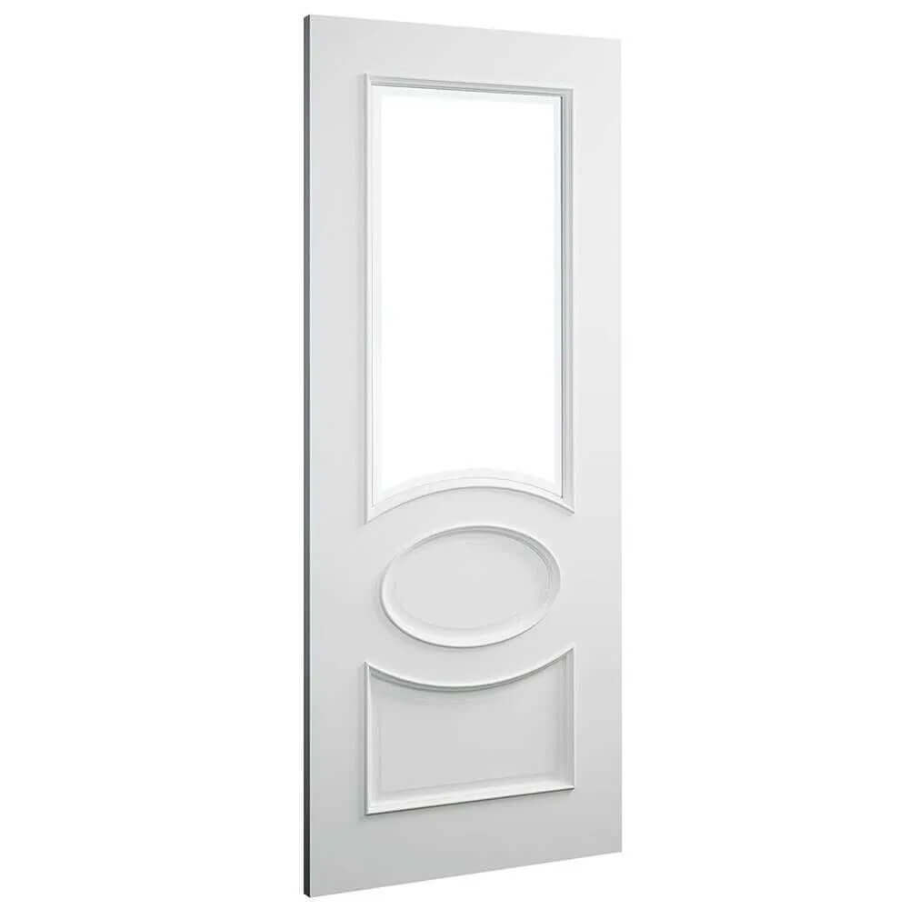 Product Clarendon white primed bevelled glazed internal door with oval centre panel, angled view