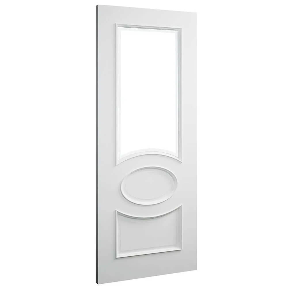 White door with a decorative oval design on a white background