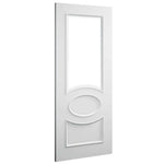 White door with a decorative oval design on a white background