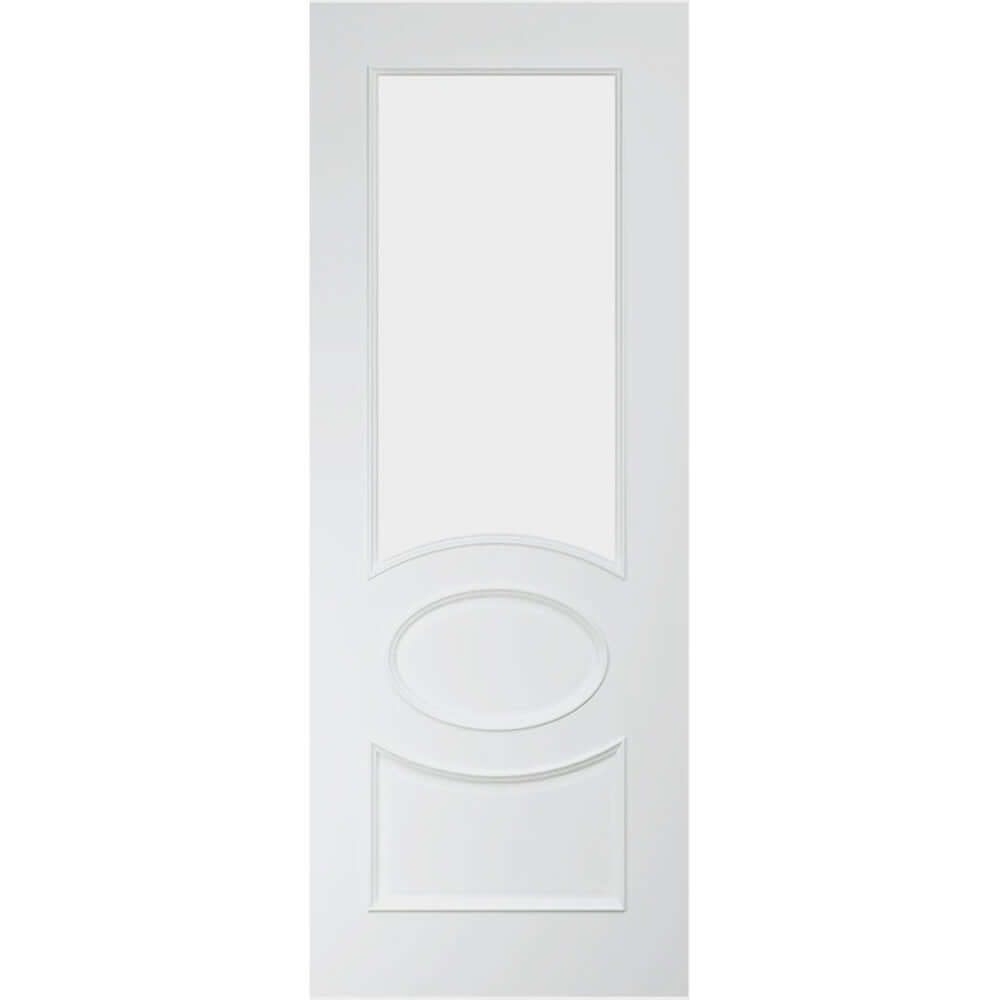 Product Clarendon white primed glazed internal door with oval centre panel, front view