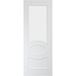 White door with decorative oval cutout on a white background