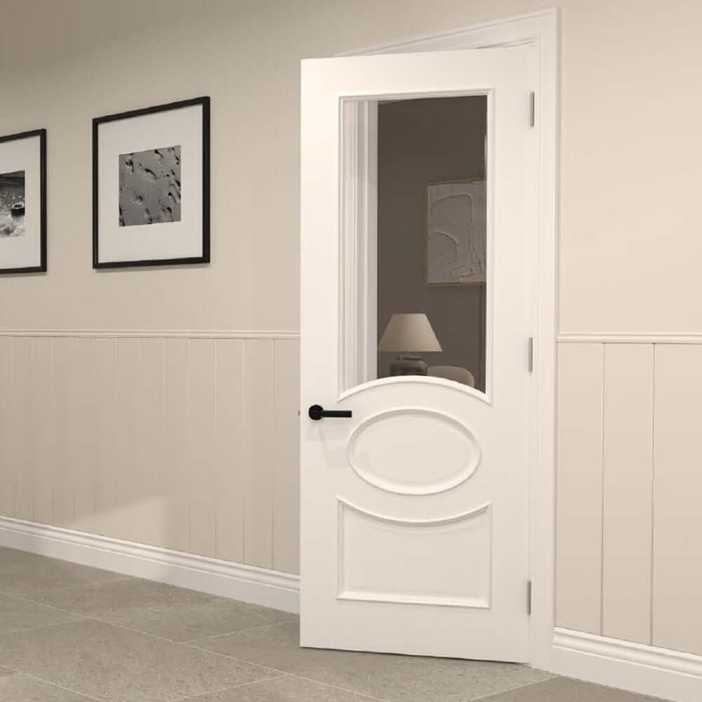 Lifestyle Clarendon white primed glazed internal door in a bright hallway