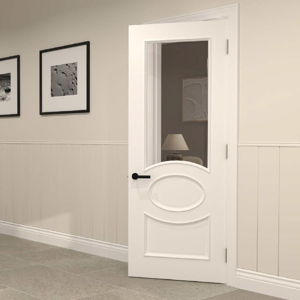 Door with oval and glazing on top ajar in a lifestyle setting