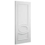 White door with decorative oval cutout on a white background