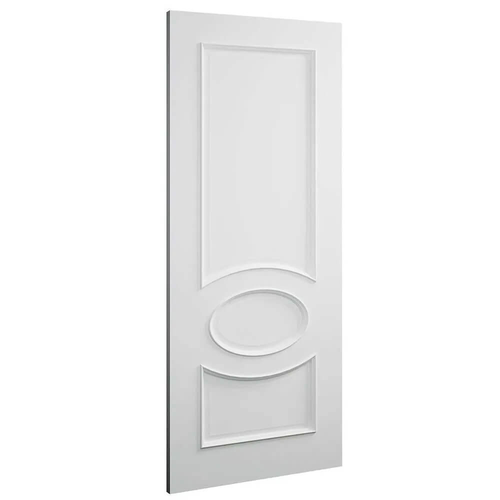White door with decorative oval cutout on a white background