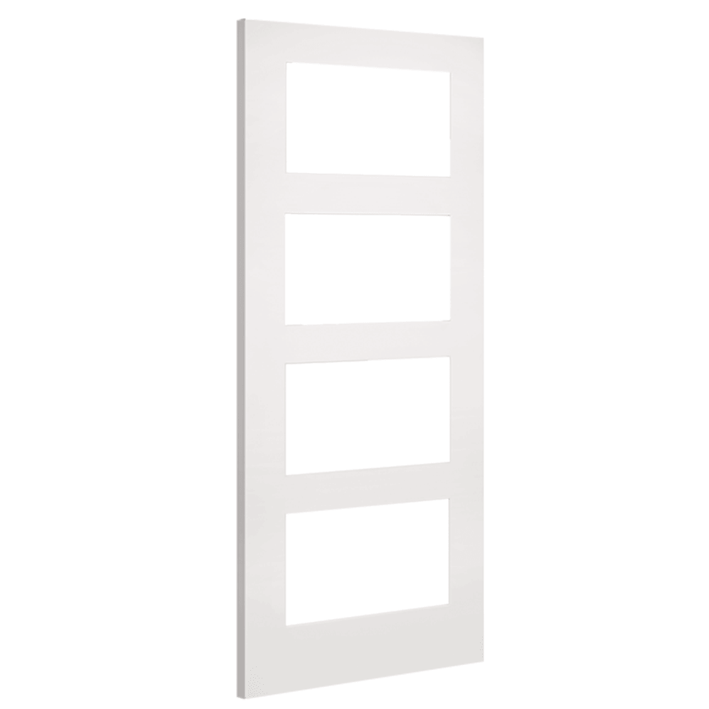 Product Coventry primed clear glazed internal door with decorative glass panels, angled view