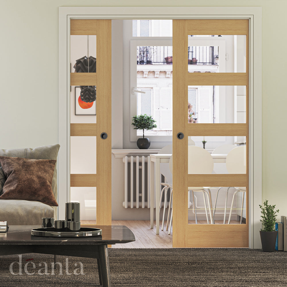 Lifestyle Coventry oak clear glazed double doors with decorative glass panels in a home interior