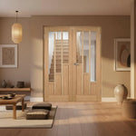 Lifestyle prefinished oak Coventry glazed internal door pair in a warm living space