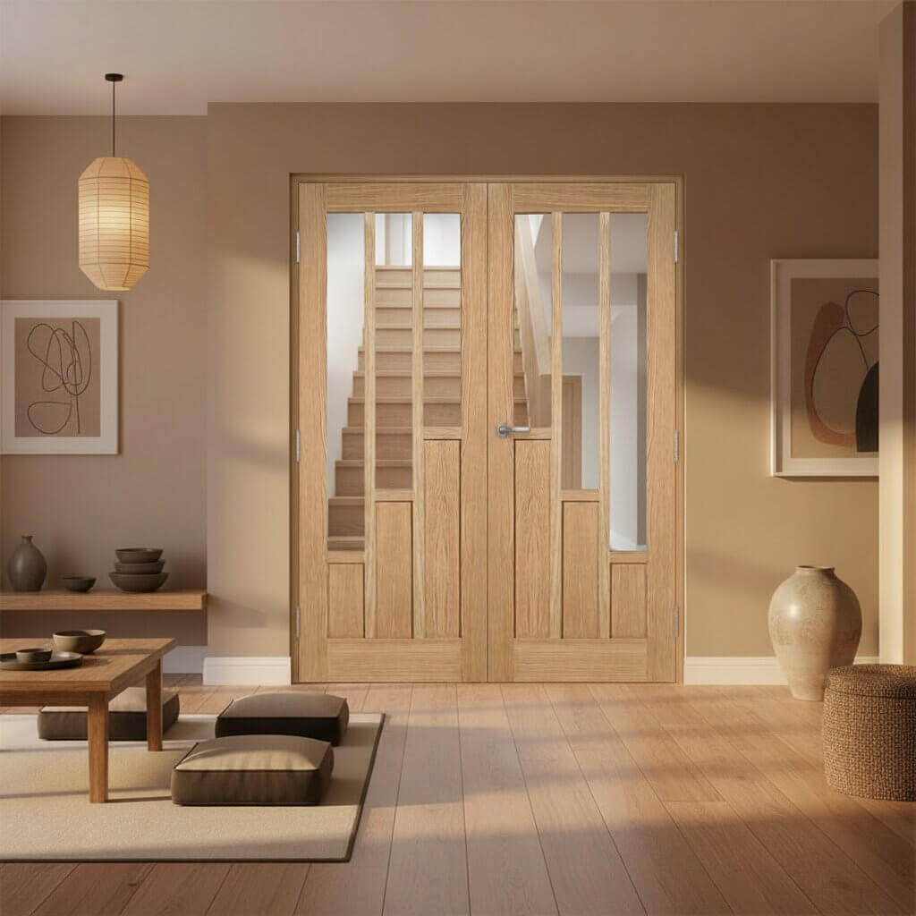Lifestyle prefinished oak Coventry glazed internal door pair in a warm living space