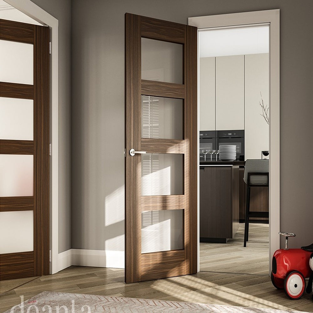 Lifestyle Coventry walnut glazed FD30 fire door in a room setting
