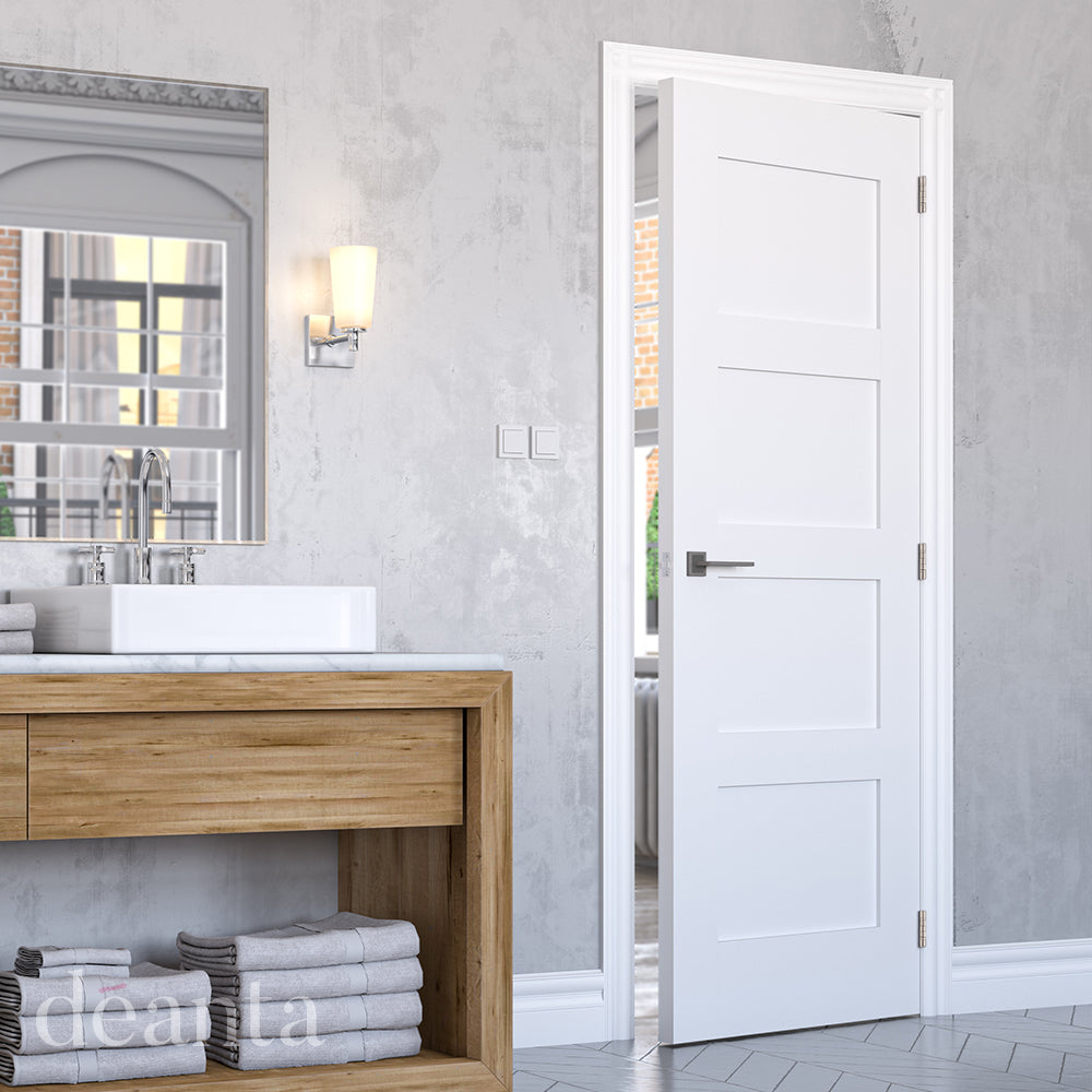 Lifestyle white primed Coventry solid internal door in a light room with traditional panel styling