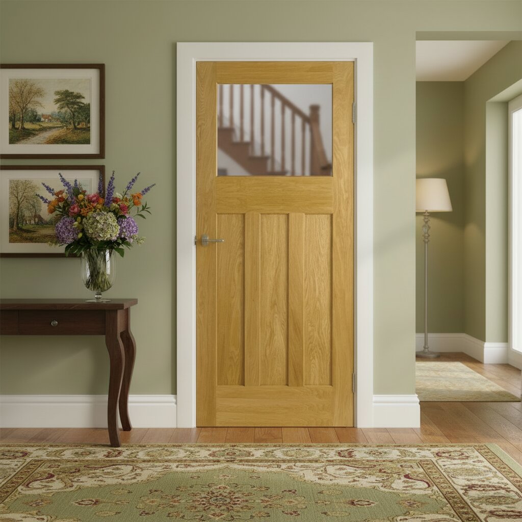 Product oak DX30 1930s-style glazed door with clear upper glass panel