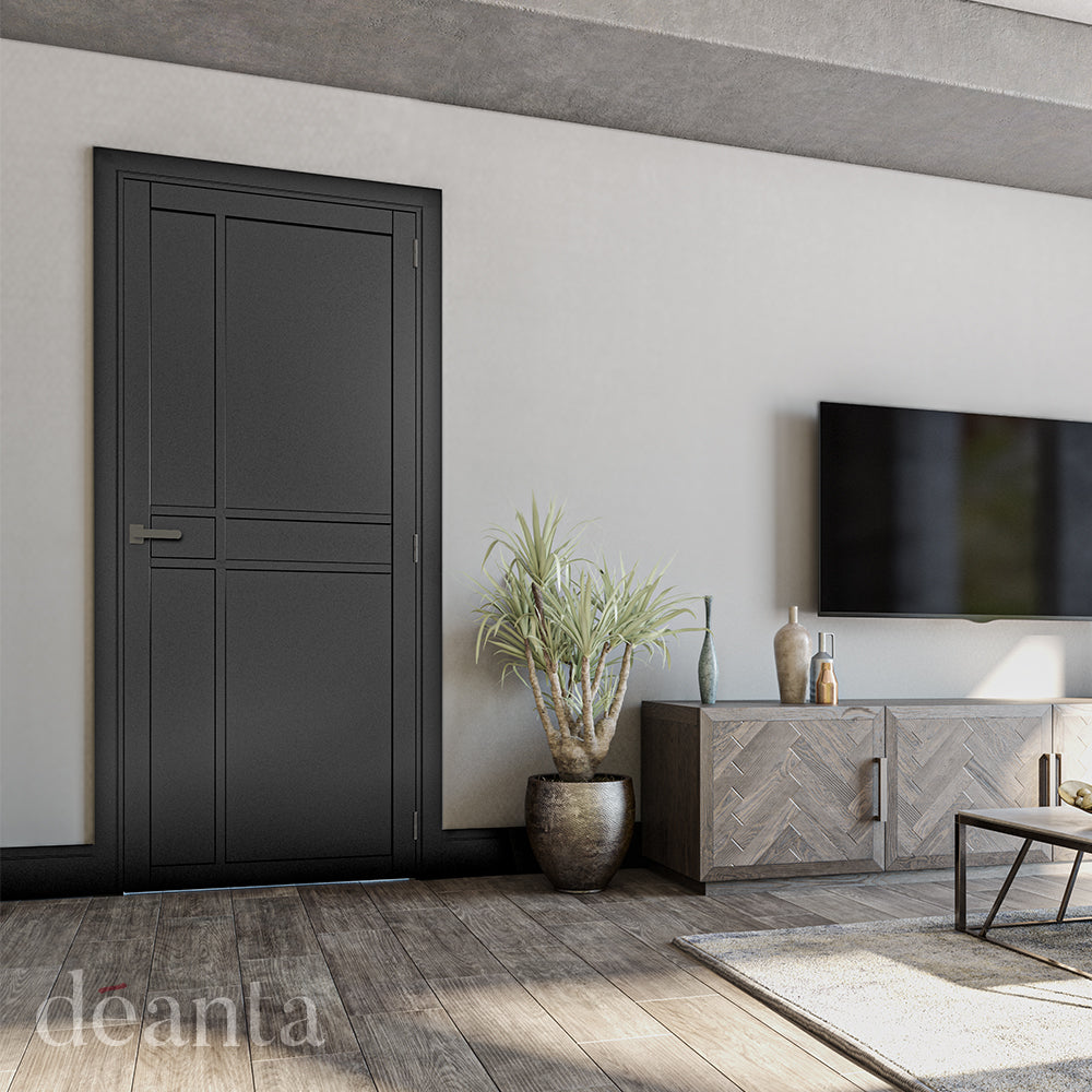 Lifestyle black Dalston solid internal door in a contemporary room with light walls