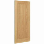 Product Deanta Ely prefinished oak FD60 fire door with vertical panel design, angled view