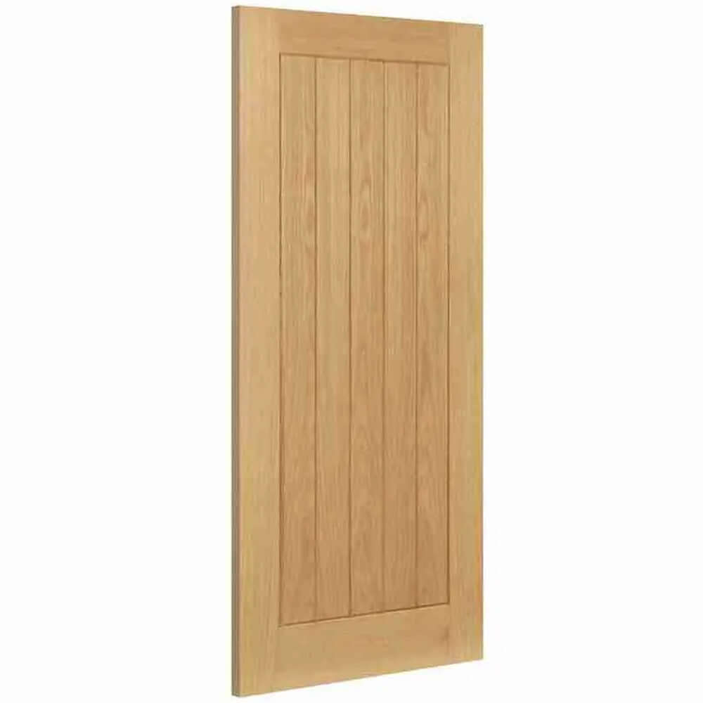 Product Deanta Ely prefinished oak FD60 fire door with vertical panel design, angled view